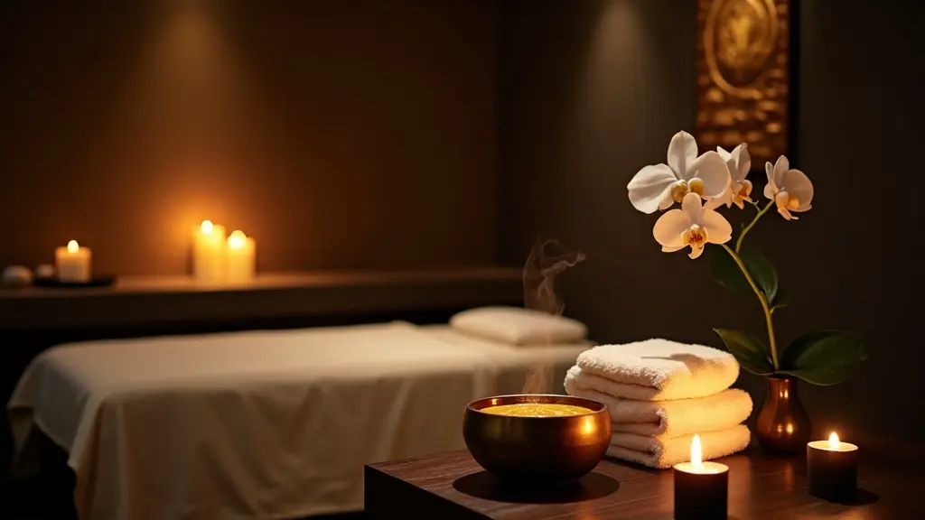 Warm candlelit treatment room — cream linen, brass oil bowl, lit candles, gold wall detail